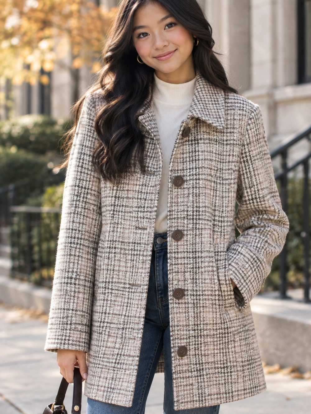 JACLYN SMITH Beige Wool-Blend Plaid Coat Small Academia English Countryside
